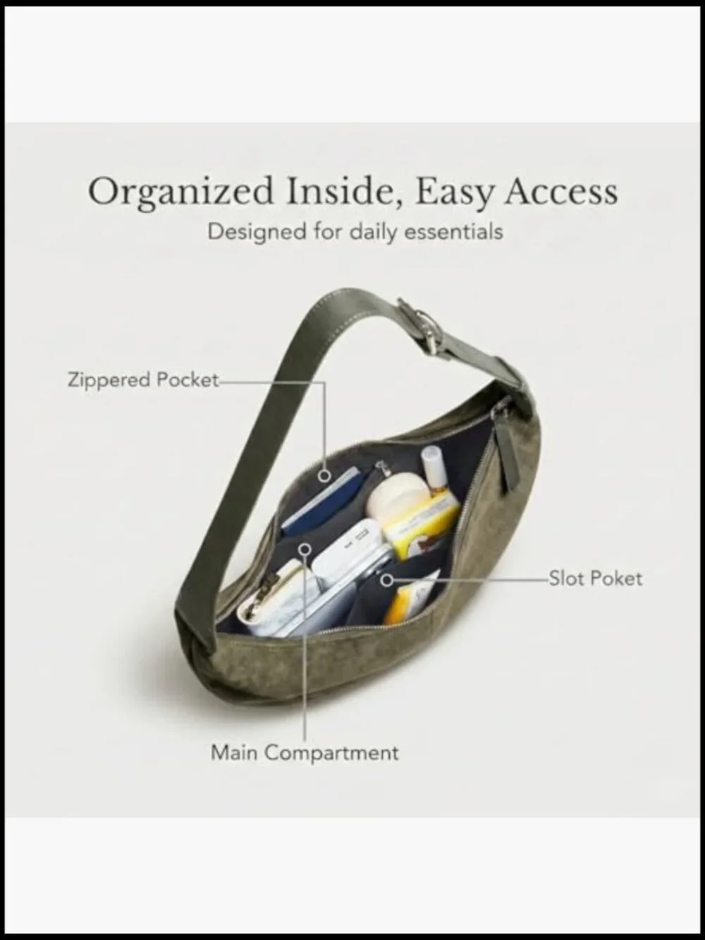 Faux Suede Crescent Hobo Crossbody Bag with Zipper Closure - Picture 5 of 7